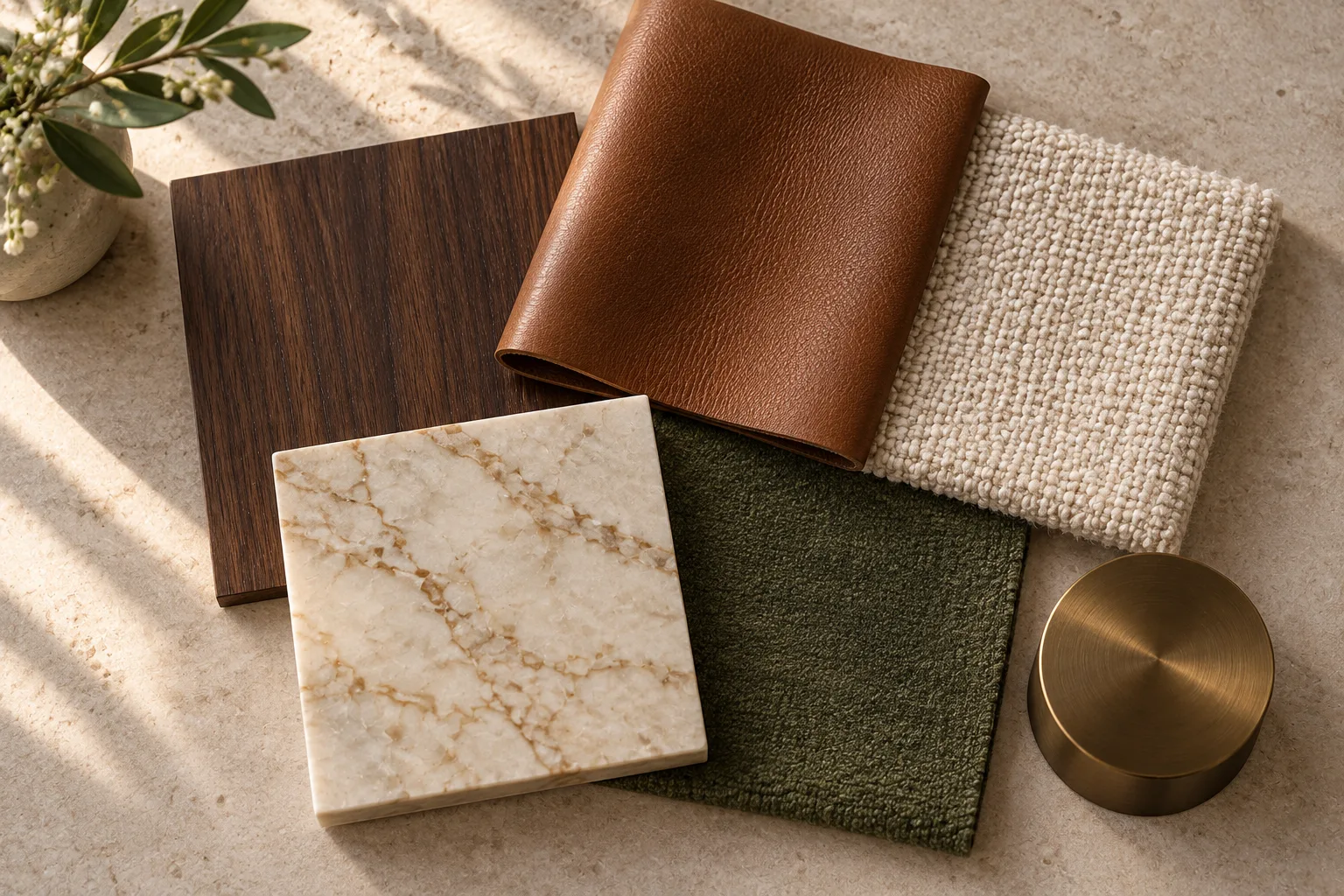 Walnut · Cognac · Olive · Aged bronze physical material sample concept board