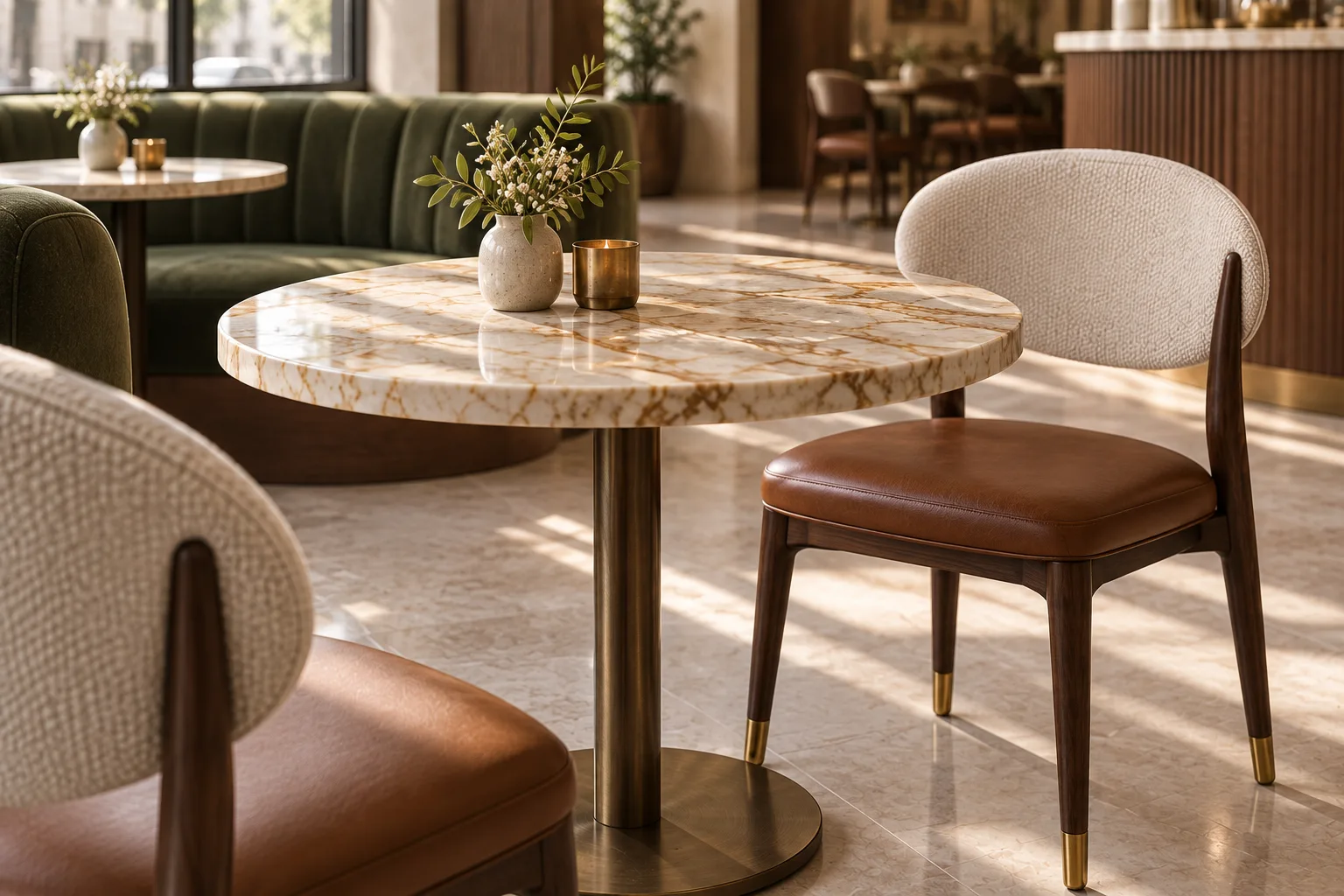 Close view of a cream and caramel veined round café tabletop on a slender aged bronze stem and round base