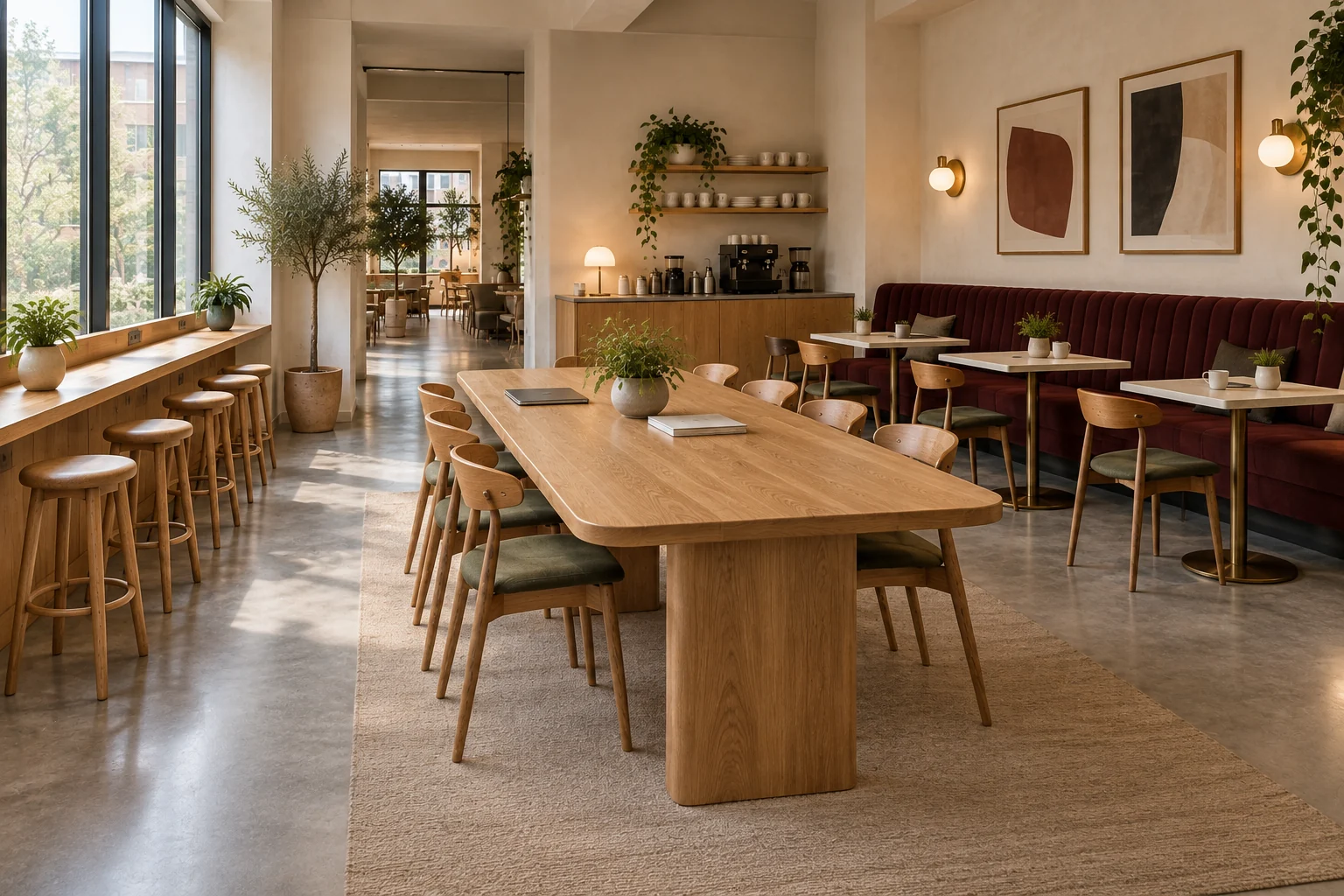 Office café view linking communal table, oxblood banquette and window work ledge