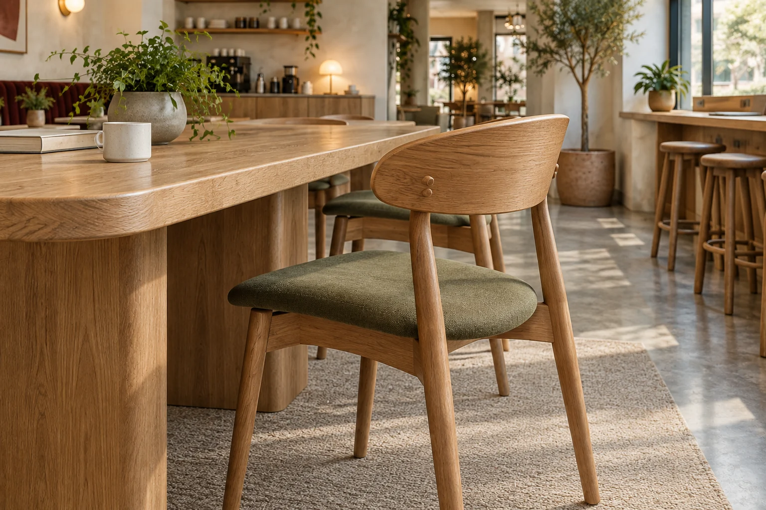 Oak café chair with an open curved back and olive upholstered seat beside an oak communal table