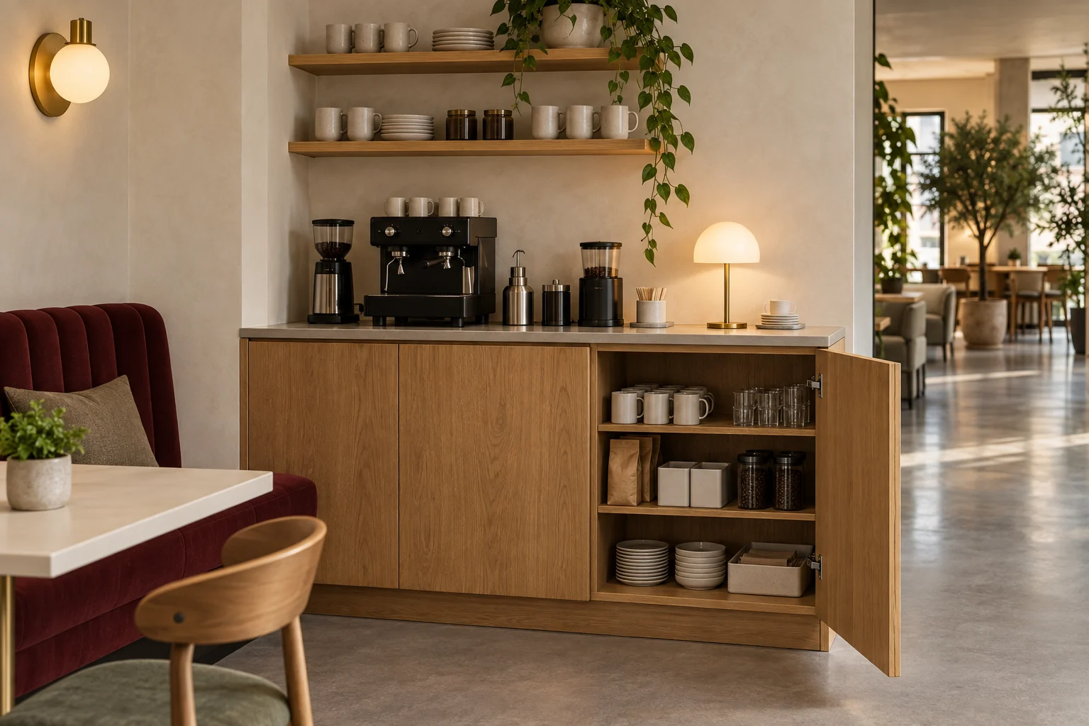 Oak coffee service cabinet with open shelf and protected worktop