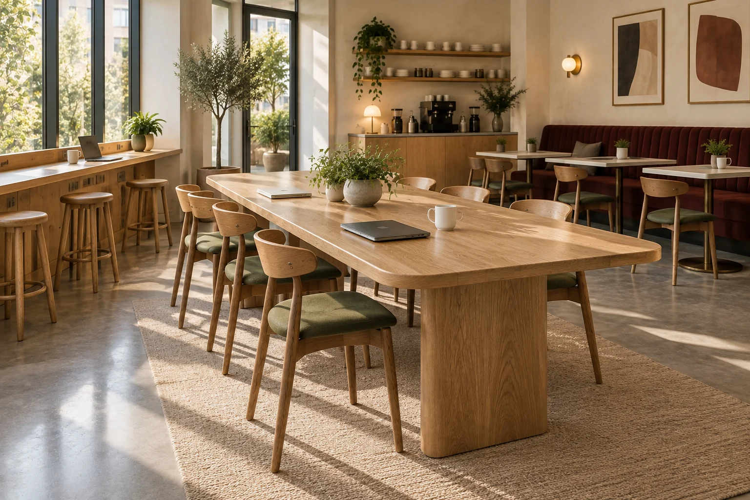 Communal honey-oak worktable with open oval-back timber chairs and olive seats