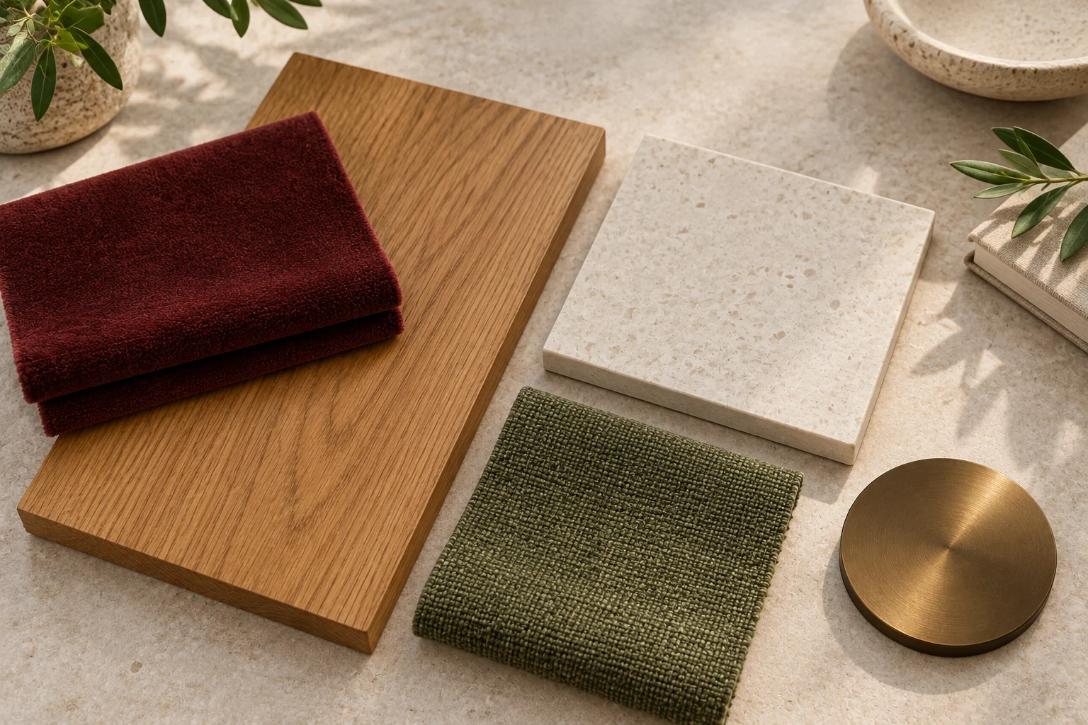 Honey oak · Oxblood upholstery · Olive seat pads · Cream table surface physical material sample concept board