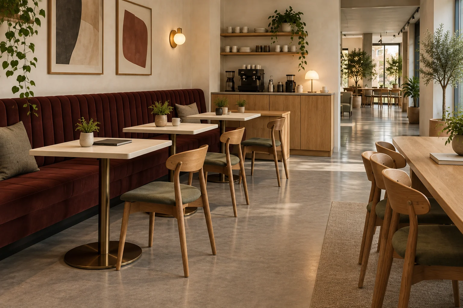 Oxblood workplace banquette with compact cream pedestal tables