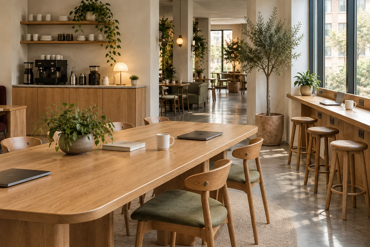 Oak window laptop ledge with round-seat stools and a compact coffee service cabinet