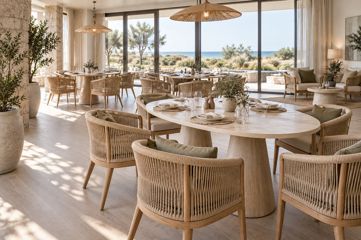 Alternative view of a coastal dining room with woven barrel-back chairs, oval tables and loose lounge seating