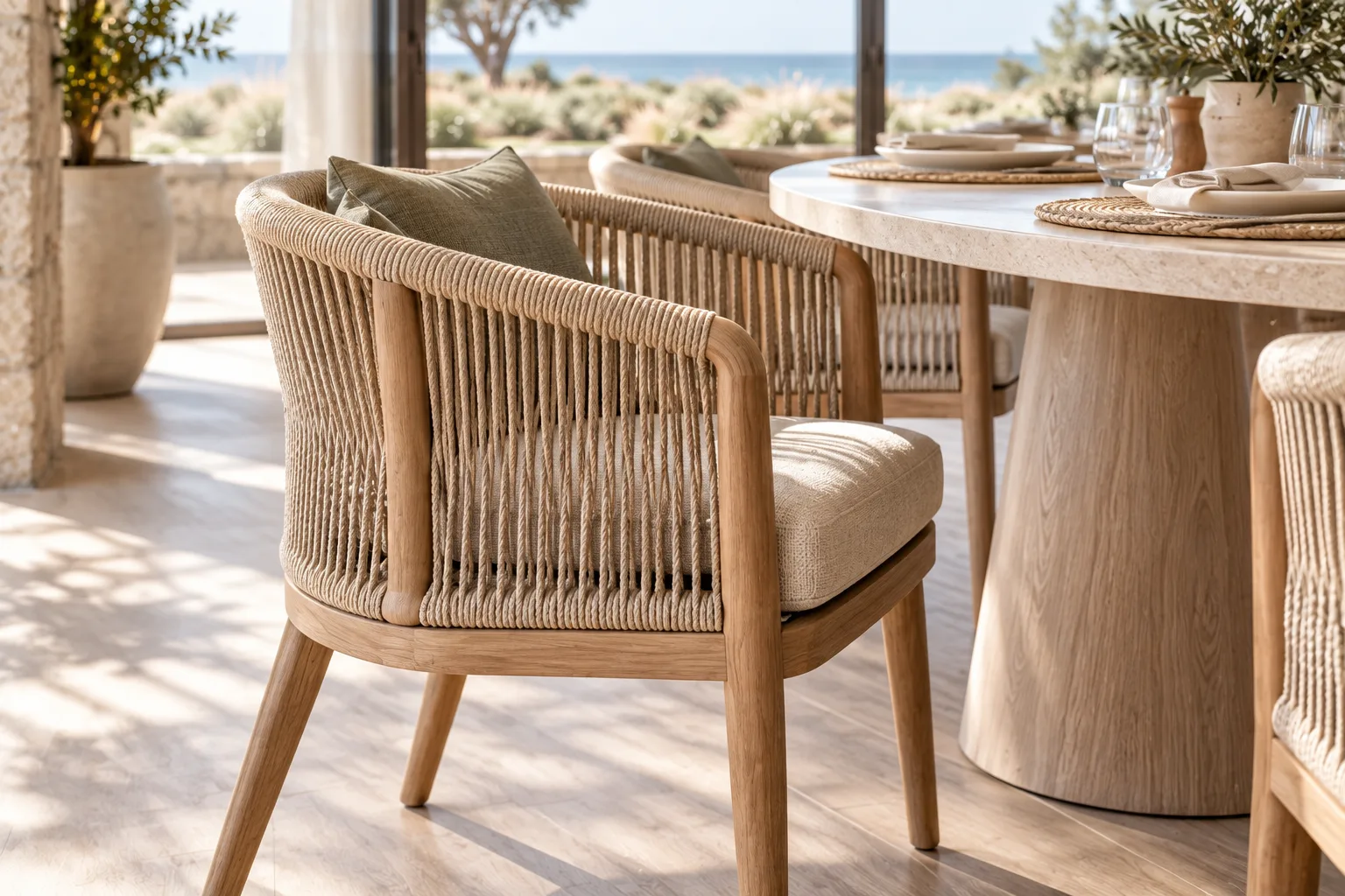 Close view of a light teak barrel-back dining armchair with rope-woven sides and oatmeal cushion