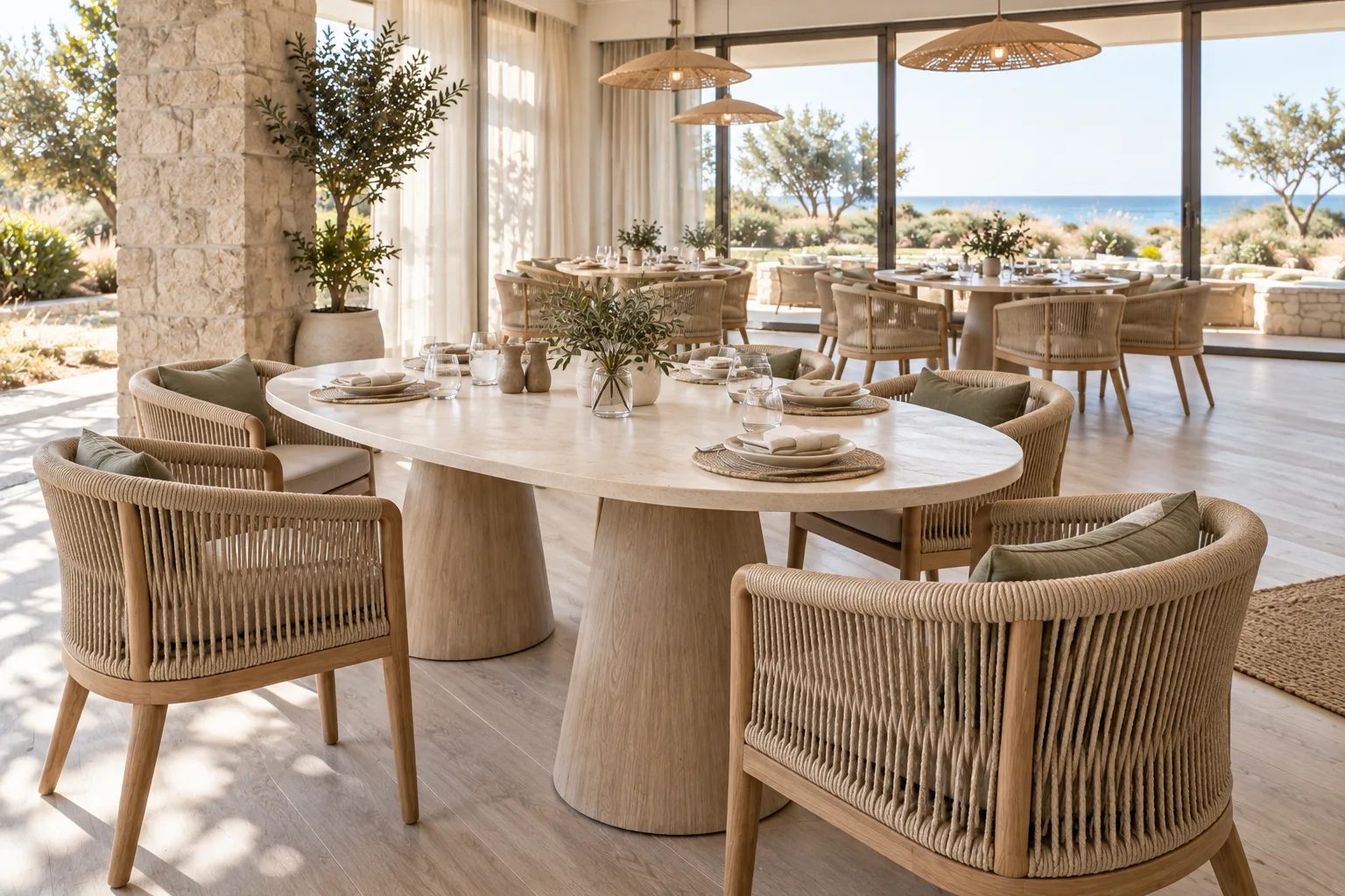 Woven rope barrel-back teak armchairs around pale oval dining tables with twin tapered timber pedestal supports
