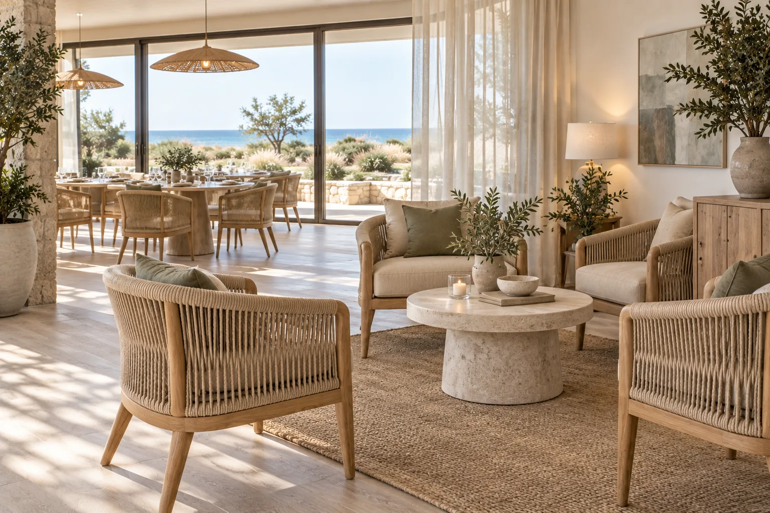 Low woven teak lounge armchairs with oatmeal cushions in a light coastal restaurant corner