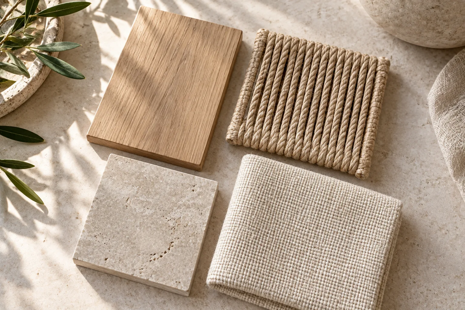Woven rope · Light teak · Limestone tones physical material sample concept board