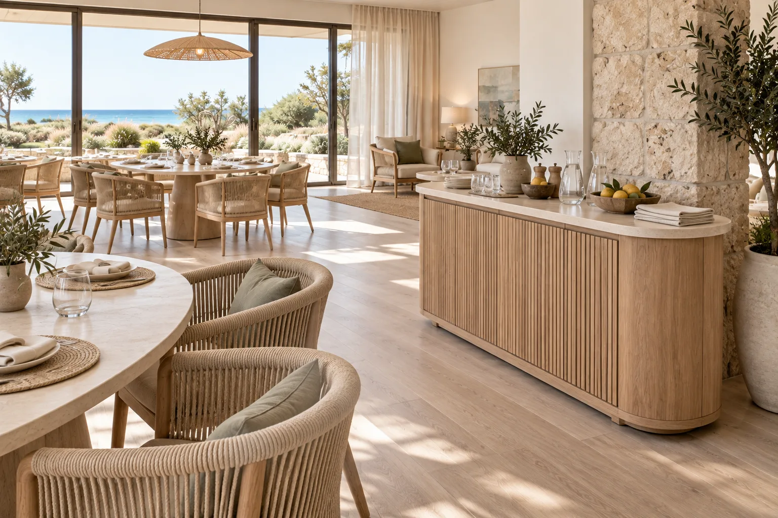 Light teak service console with rounded ends and a pale worktop in a coastal dining room
