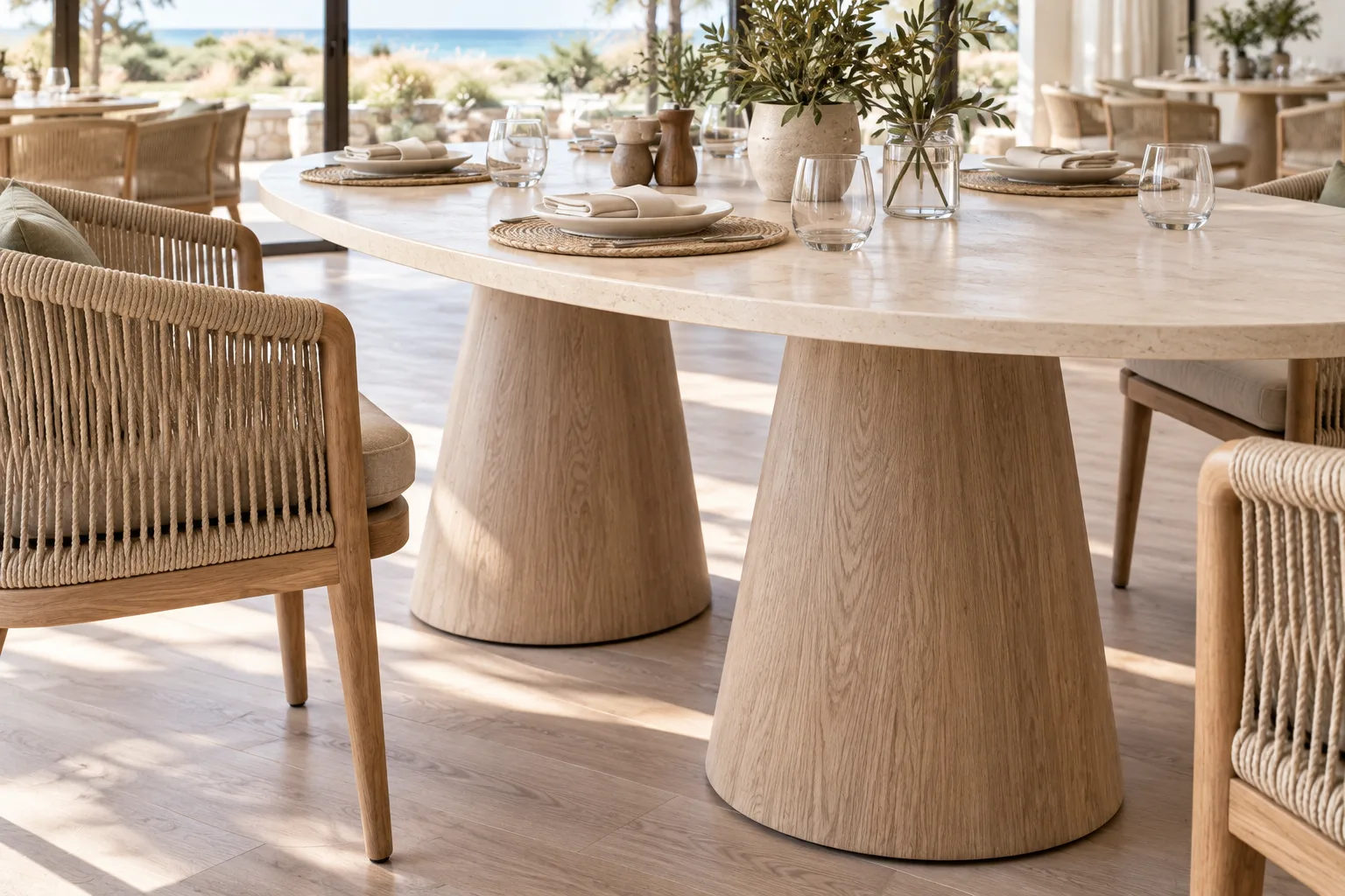 Pale oval restaurant tabletop edge with twin tapered timber pedestal supports