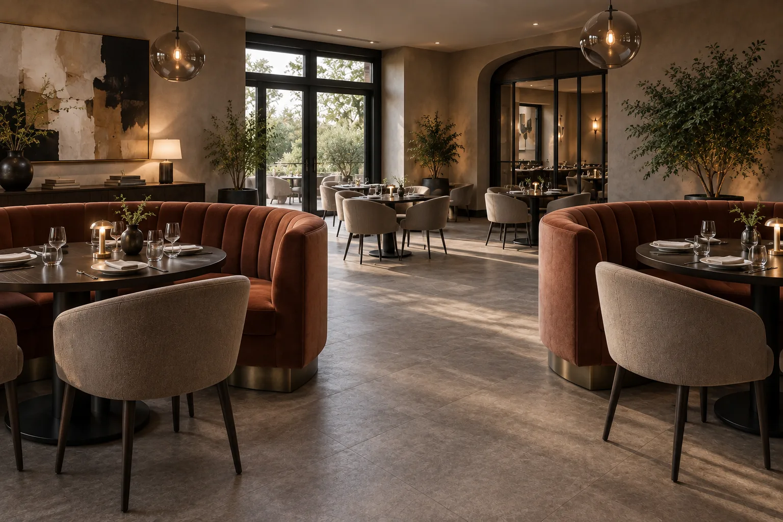 Alternative view of a contemporary restaurant with upholstered tub chairs and compact crescent booths