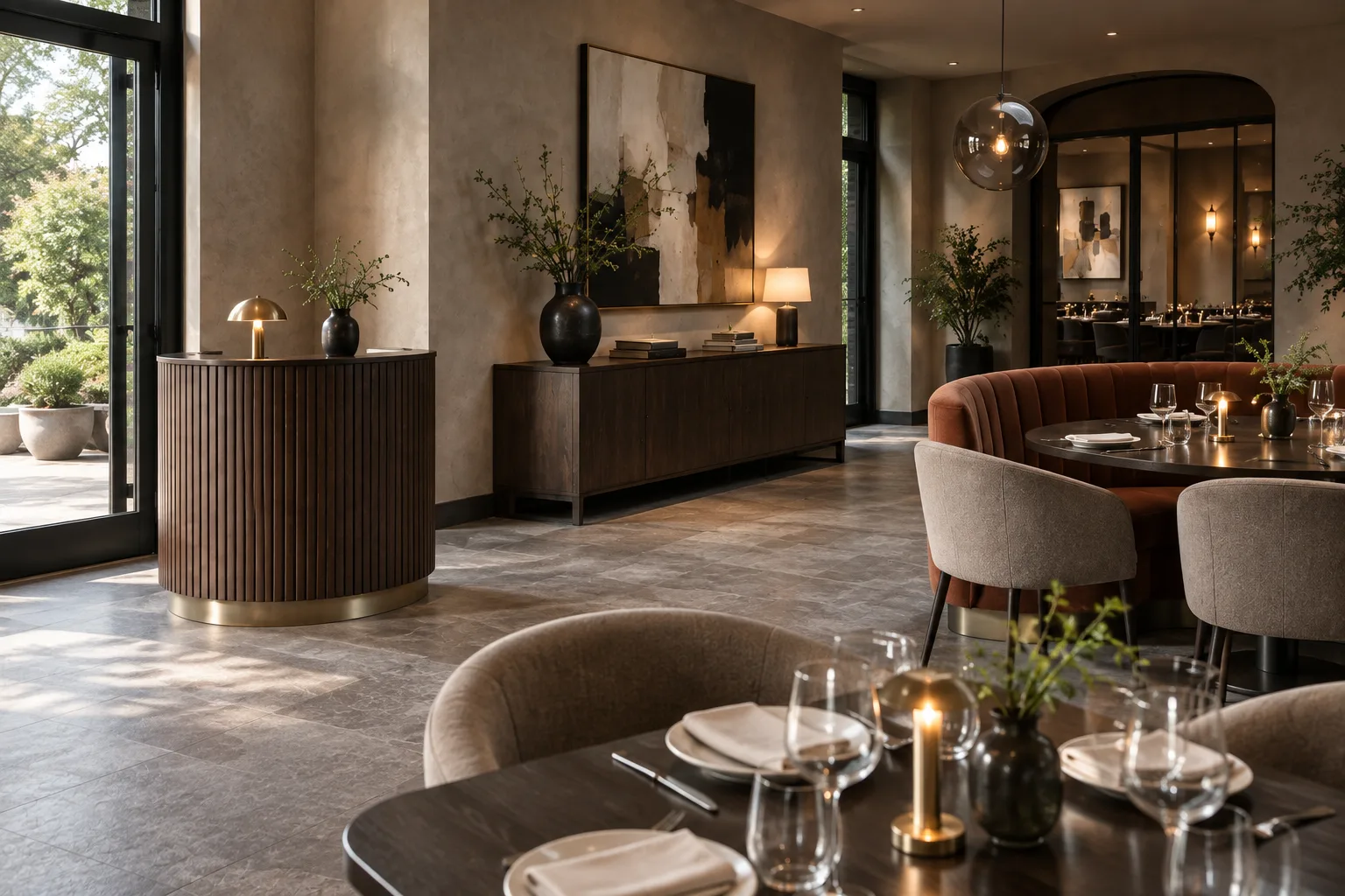 Rounded dark timber host podium and service credenza in a contemporary restaurant