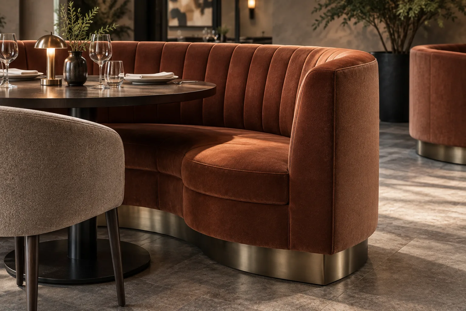 Detail of muted rust curved booth upholstery, seam construction and a low bronze-toned plinth