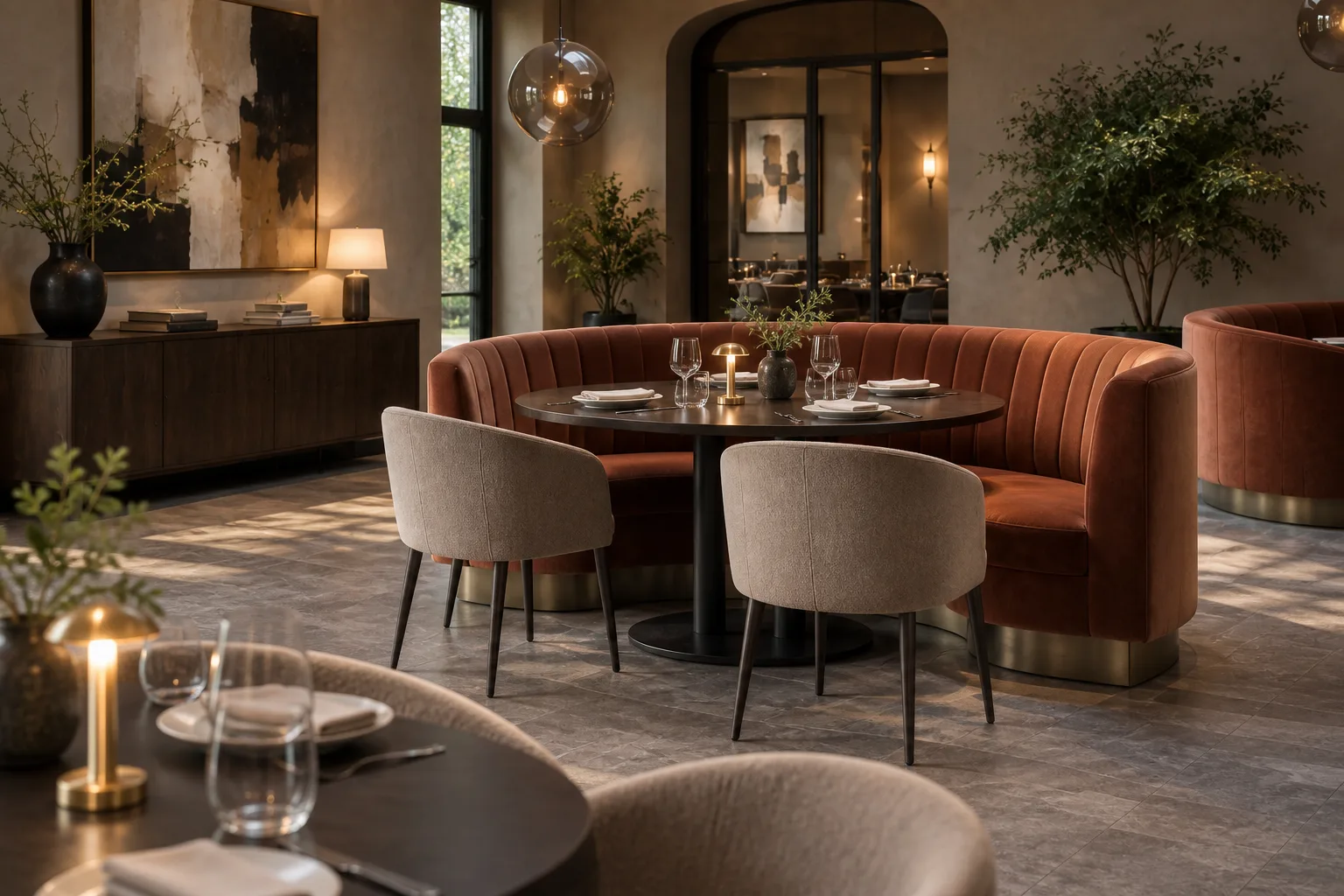 Muted rust crescent dining booth with a low bronze-toned plinth and an oval dark table