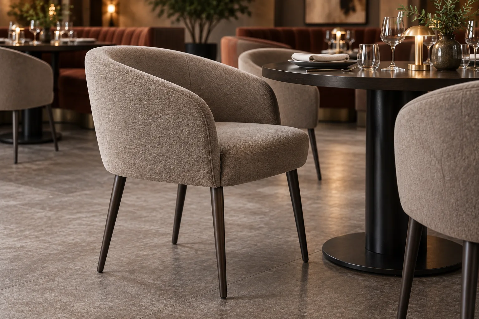 Close view of a taupe upholstered tub dining chair on four slender dark metal legs