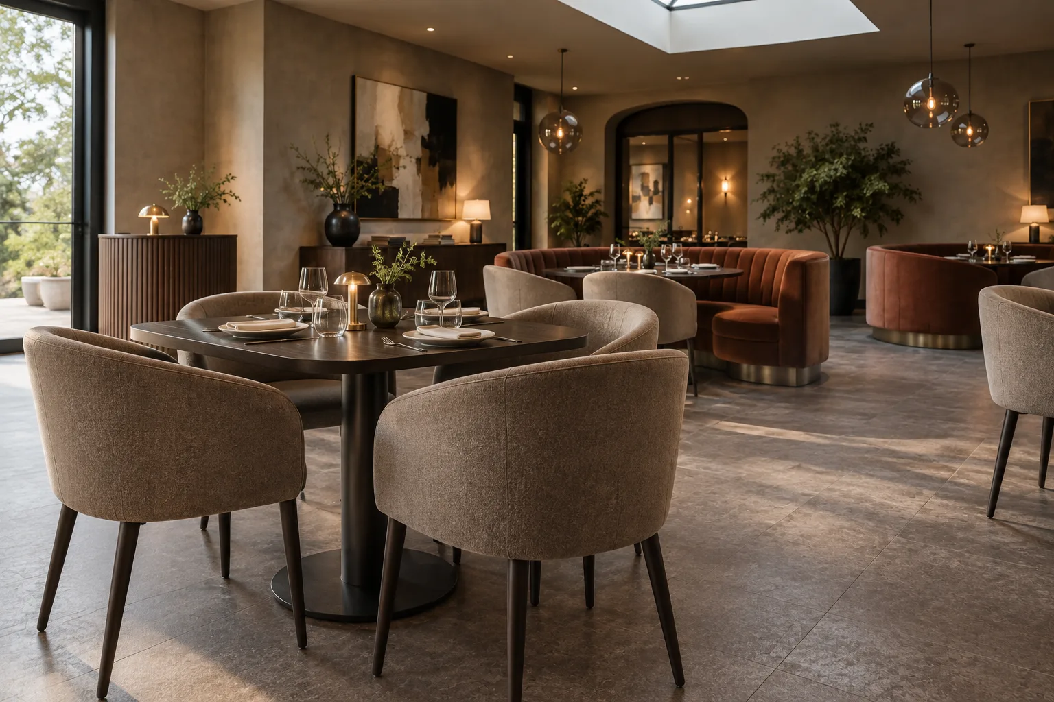 Taupe upholstered tub dining chairs with dark metal legs around rounded espresso tables on compact dark pedestal bases