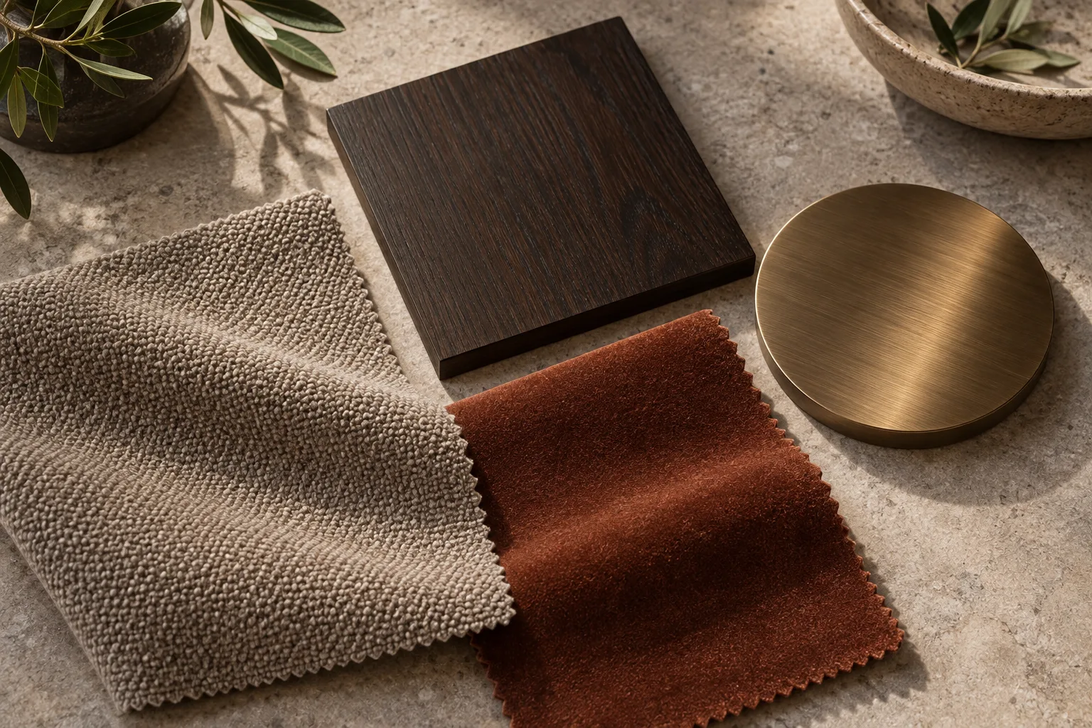 Taupe upholstery · Espresso · Muted rust physical material sample concept board