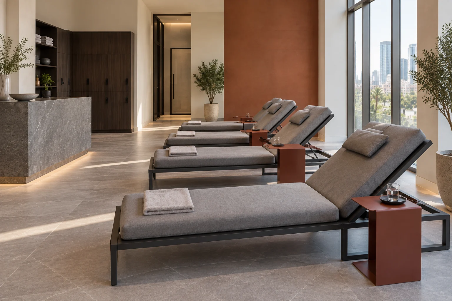 Contemporary wellness lounge viewed across steel loungers