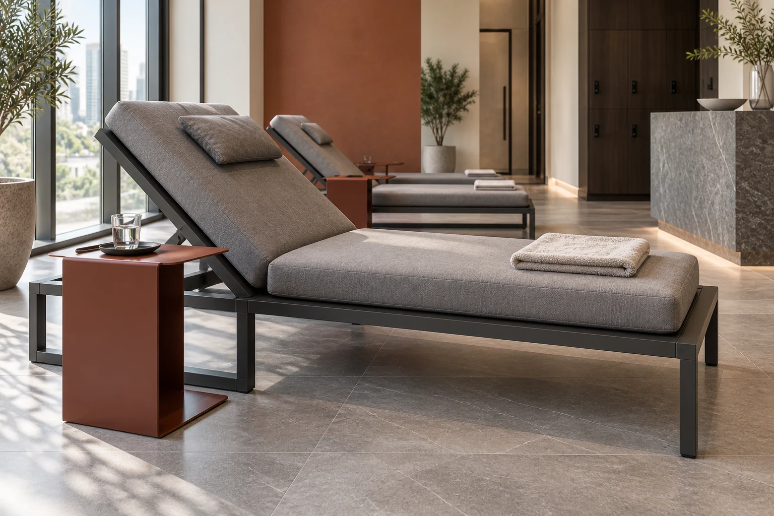 Detail of steel spa lounger supports and grey upholstery pads