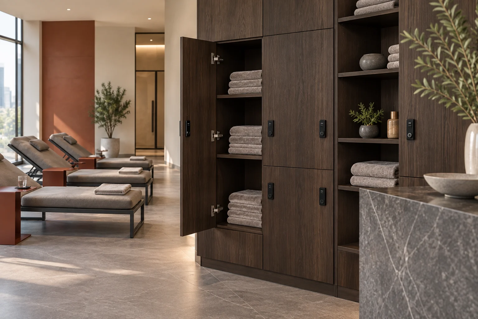 Dark oak towel cabinet with organised shelves