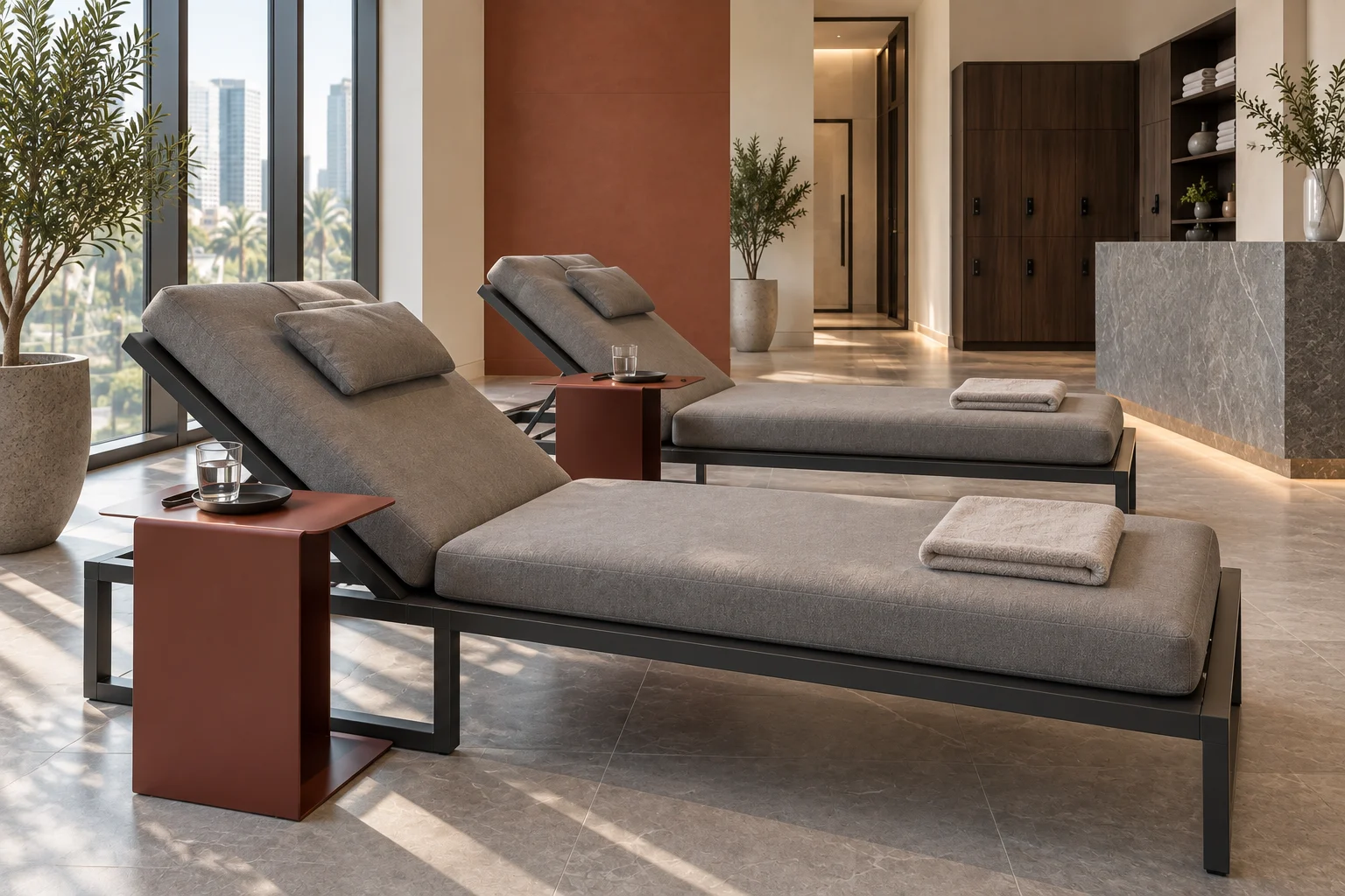 Charcoal steel spa loungers with grey cushions and rust side tables