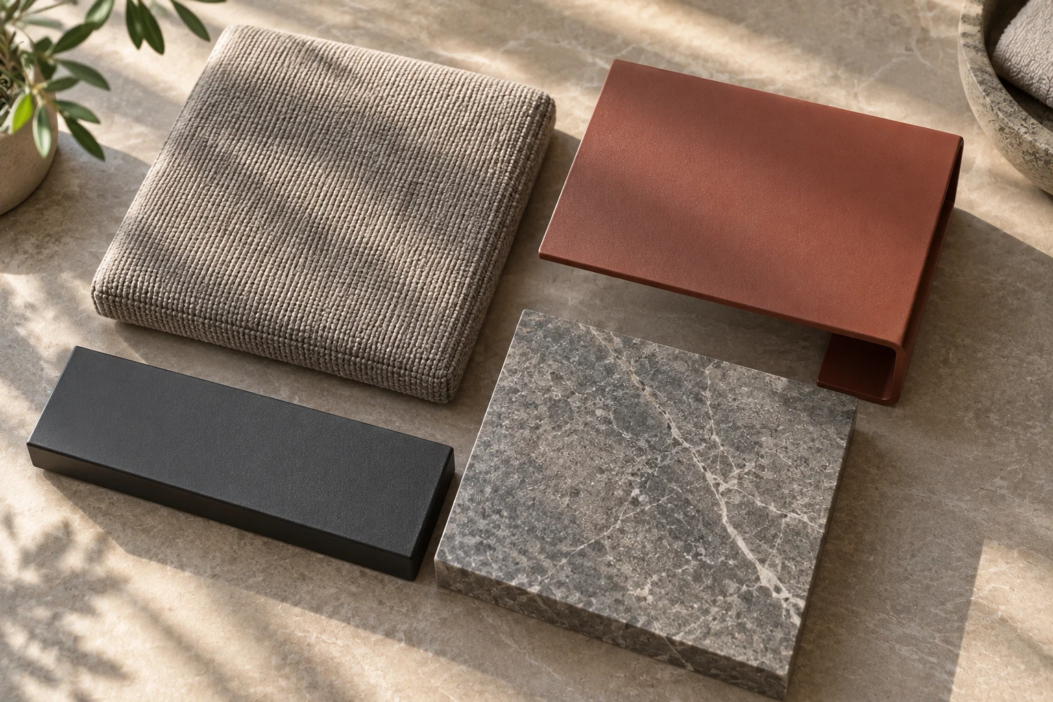 Charcoal steel · Rust powder coating · Warm grey upholstery · Dark oak physical material sample concept board