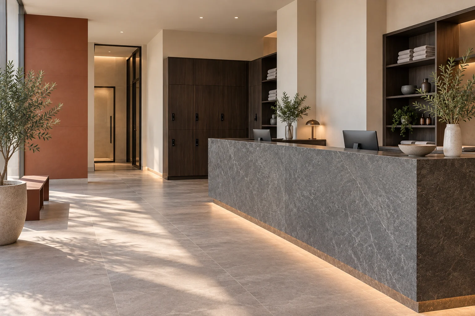 Contemporary spa reception with grey stone and dark oak cabinetry