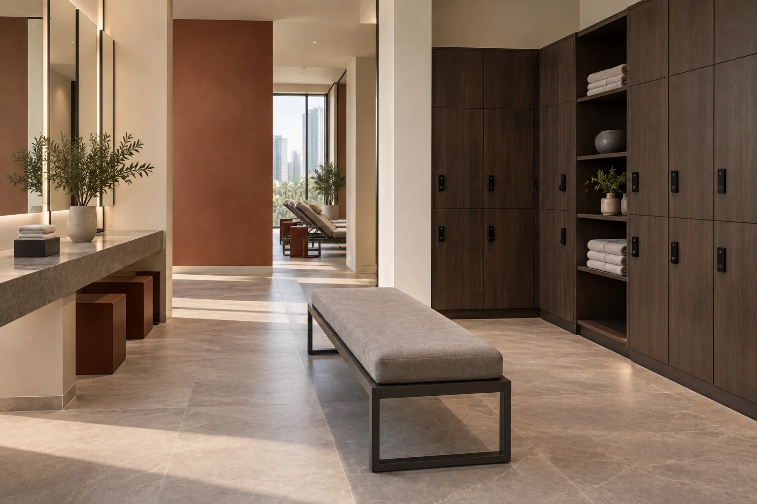 Dark oak spa lockers and a slim metal-frame changing bench