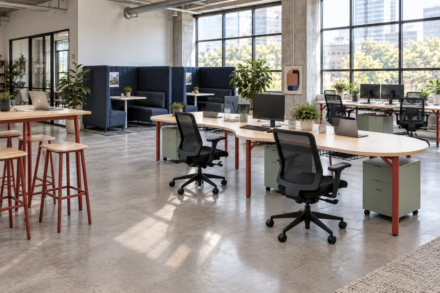 Creative workspace with red-framed desks, navy booths and a standing team table