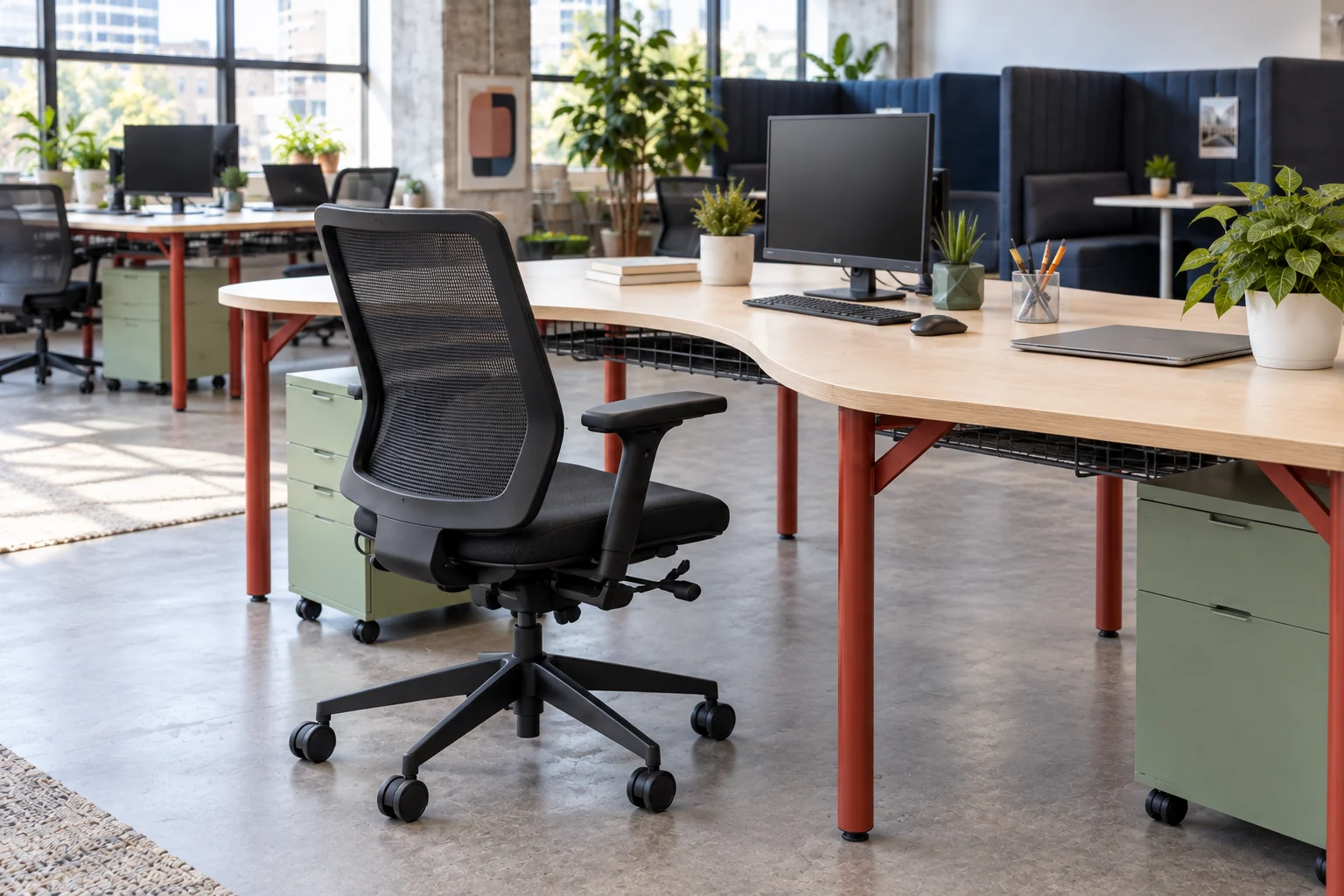 Black mesh ergonomic task chair beside a birch and red steel worktable