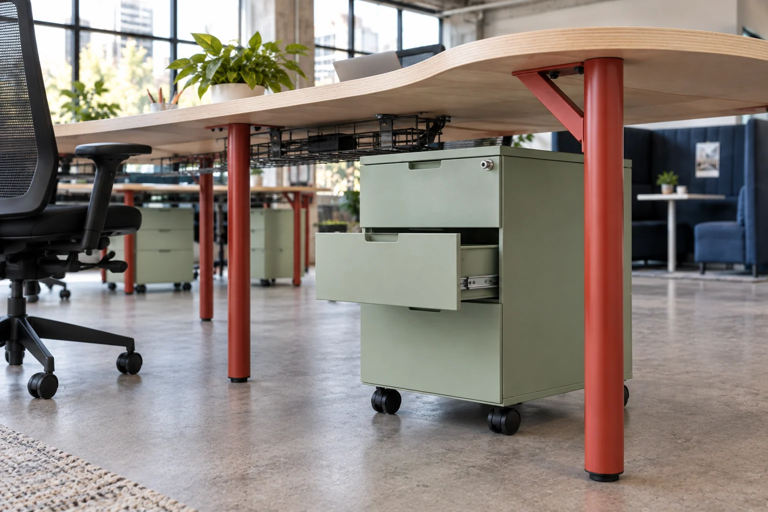 Mint mobile steel drawer cabinet with locking castors under a worktable
