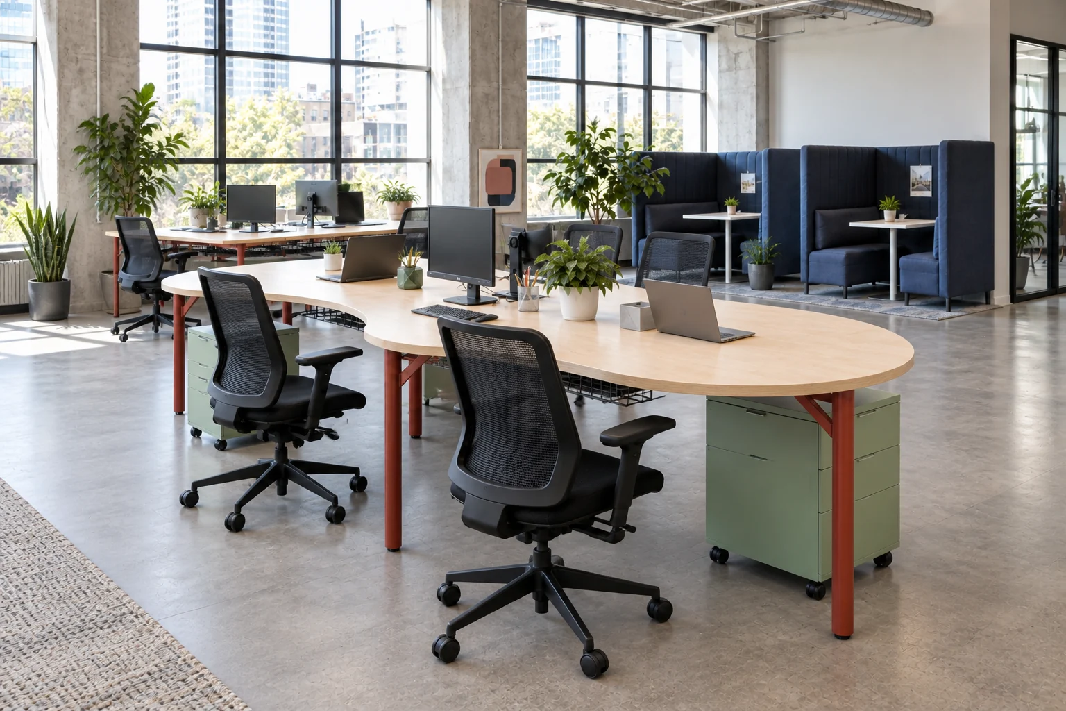 Curved birch shared worktables on red steel column legs with black mesh task chairs