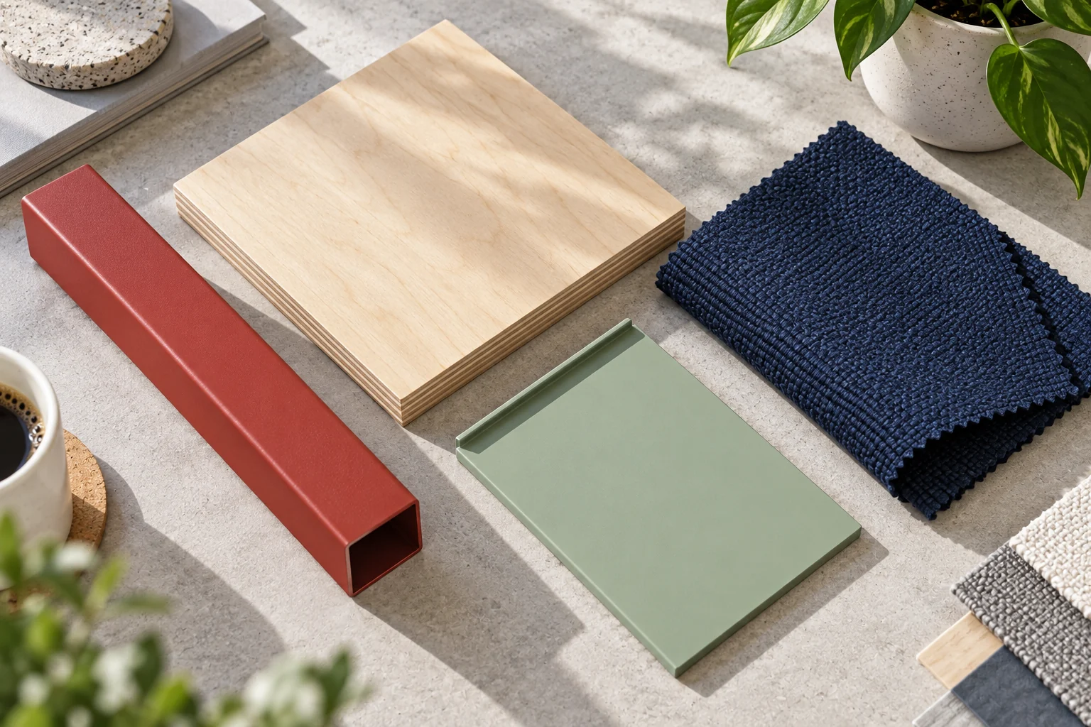 Birch plywood · Brick-red steel · Navy booth upholstery · Mint metal storage physical material sample concept board