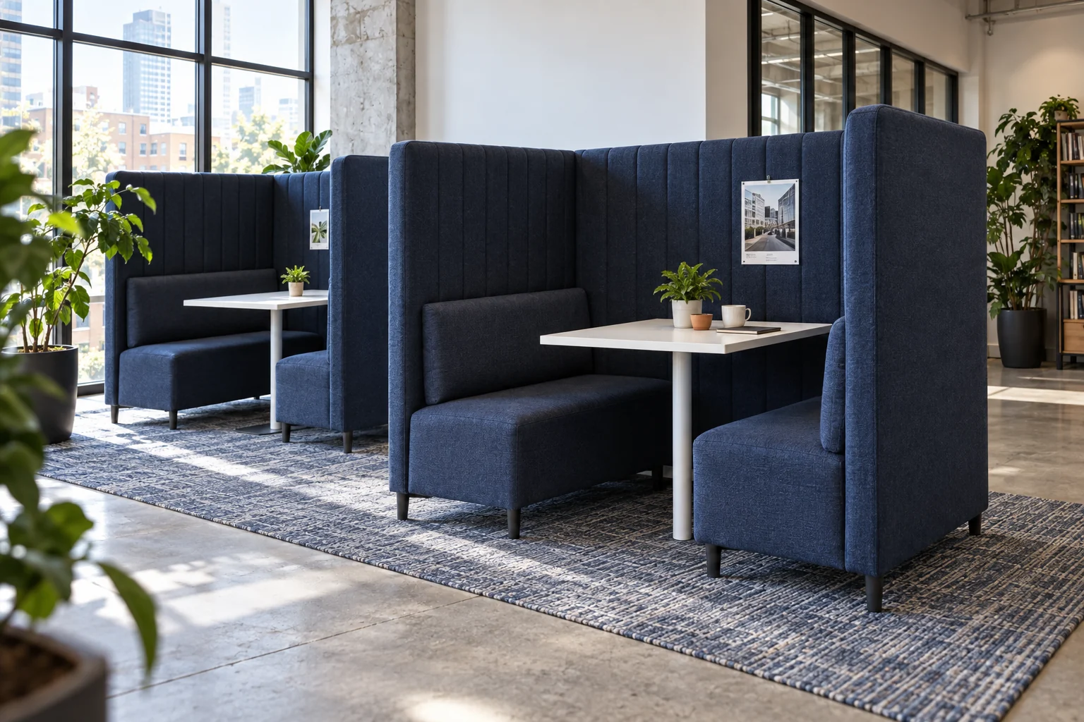 Navy high-backed collaboration booths with small white tables
