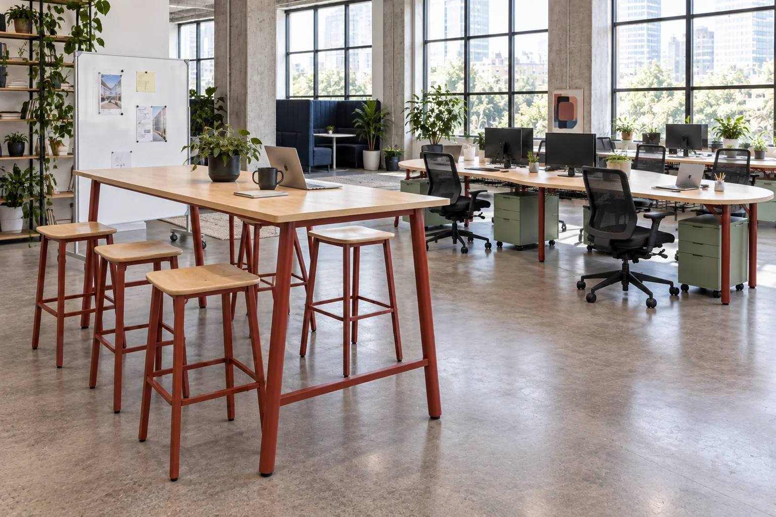 Standing collaboration table with red-frame plywood stools and mobile whiteboard