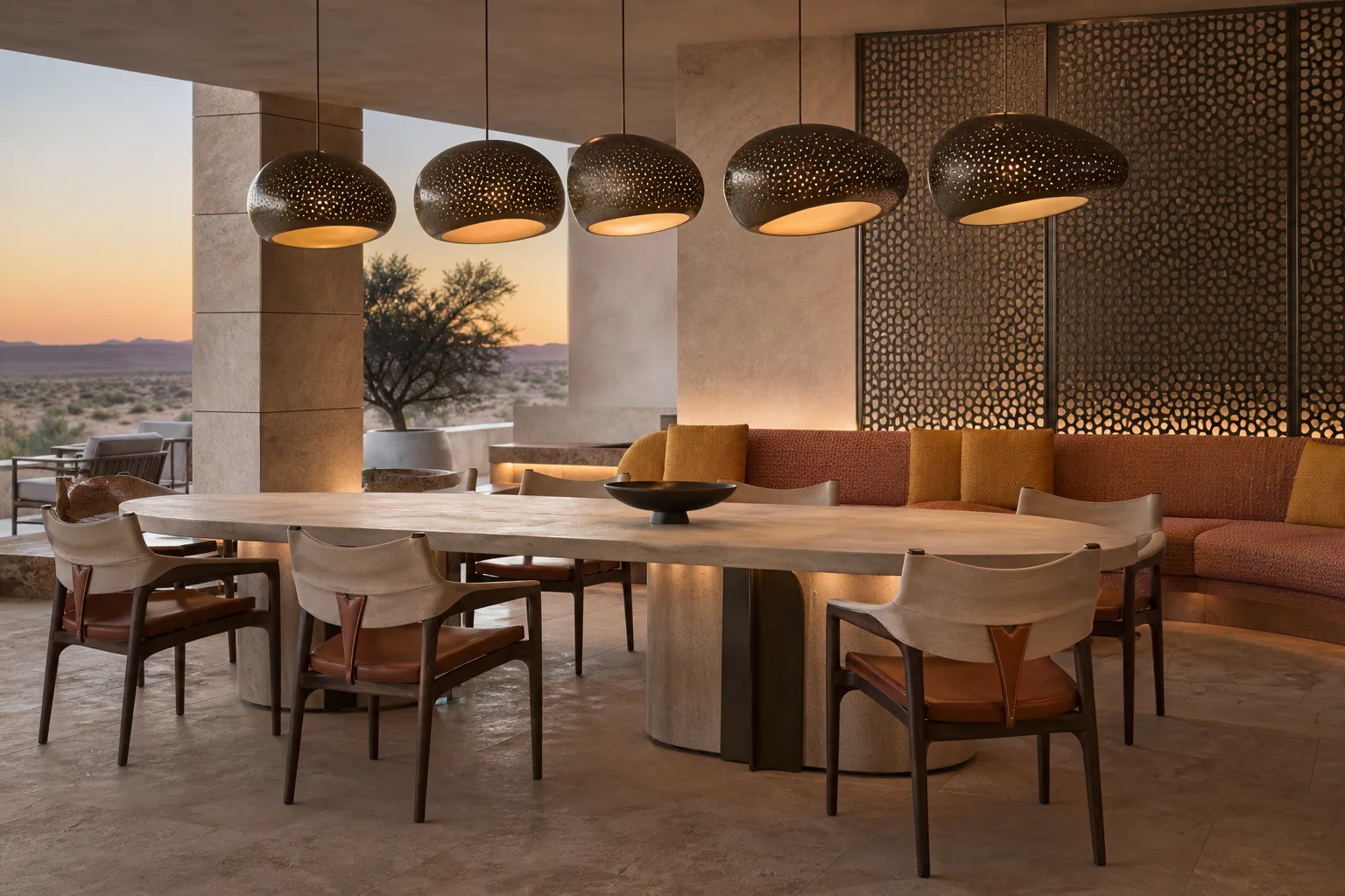 Desert modern restaurant with stone table, woven chairs and bronze pendants
