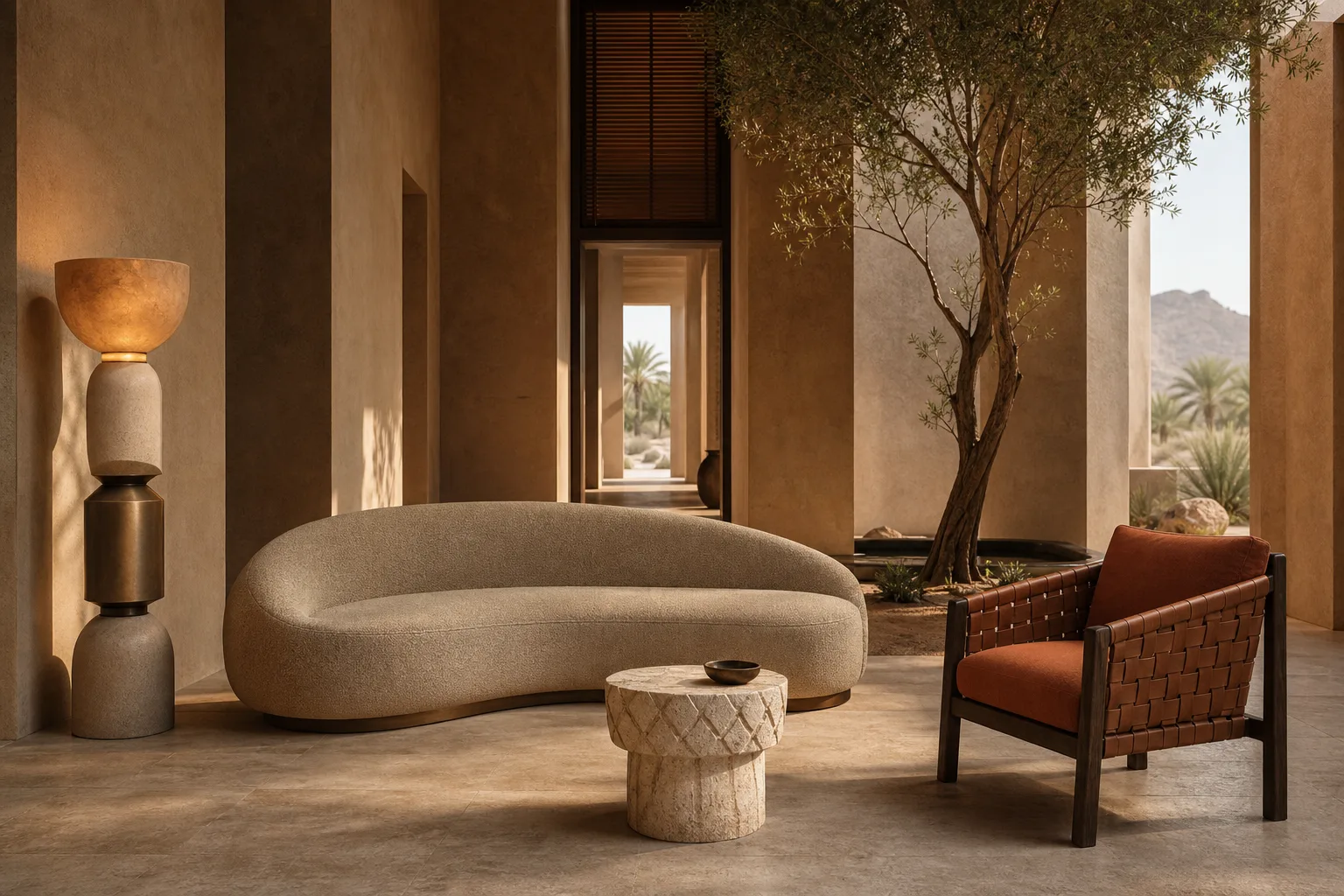 Desert resort lobby with crescent sofa, woven chairs and sculptural floor lamp