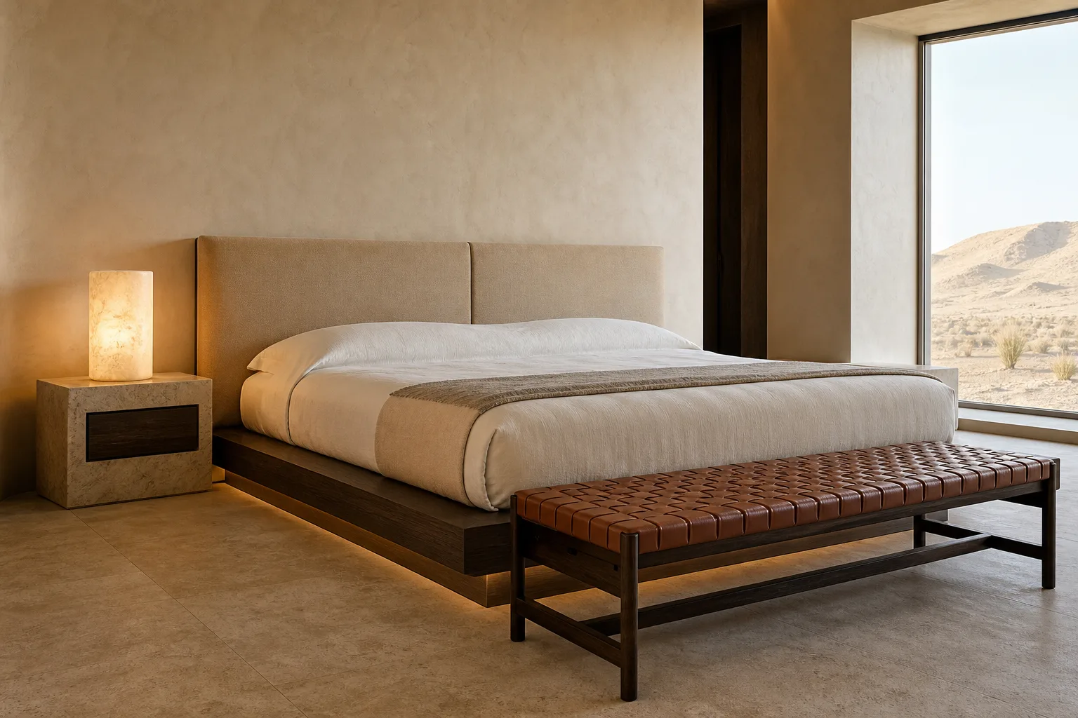 Desert modern hotel guest room with sandstone walls, smoked oak bed and woven bench