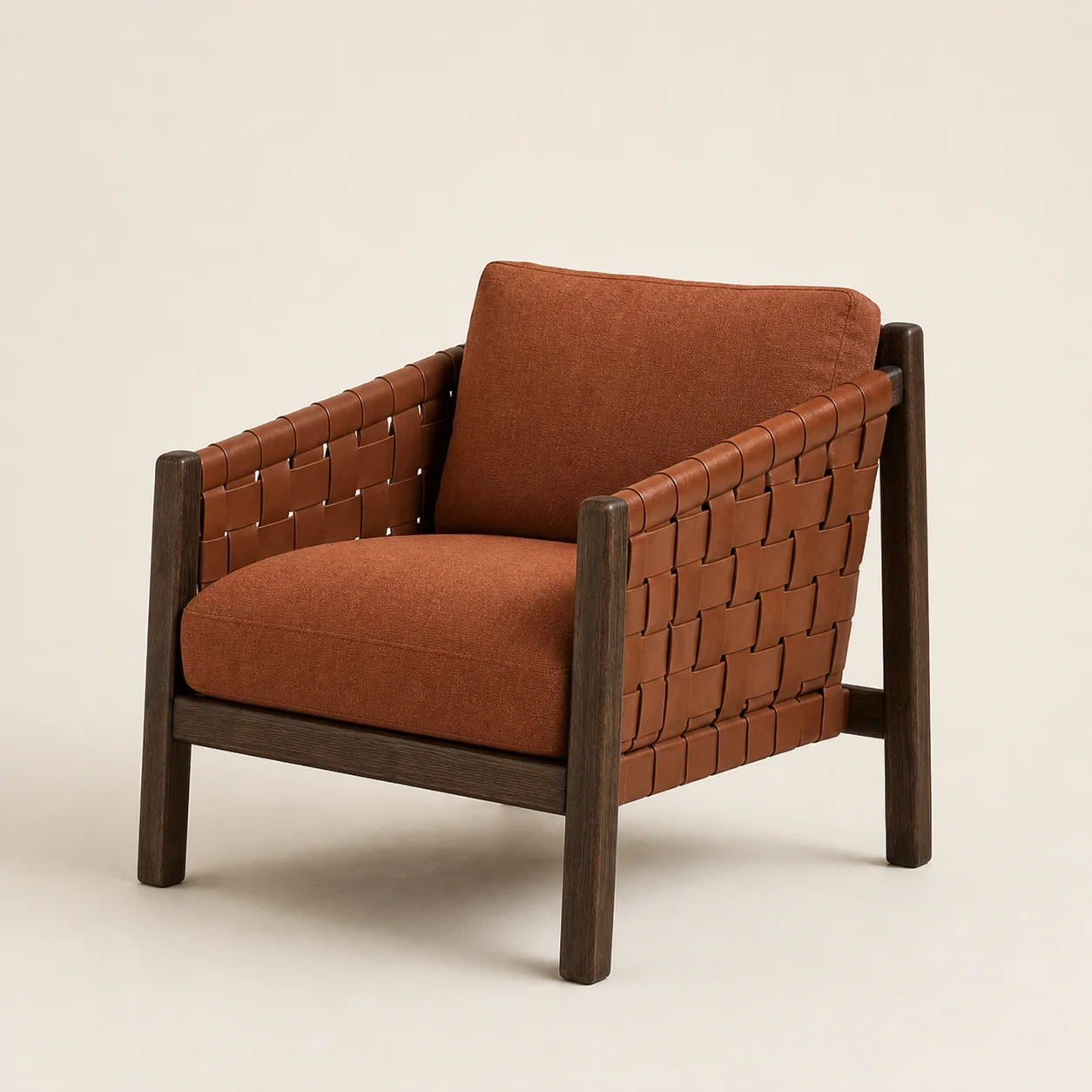 Aseel Woven Armchair studio concept visual in dark oak, cognac leather, clay cushion