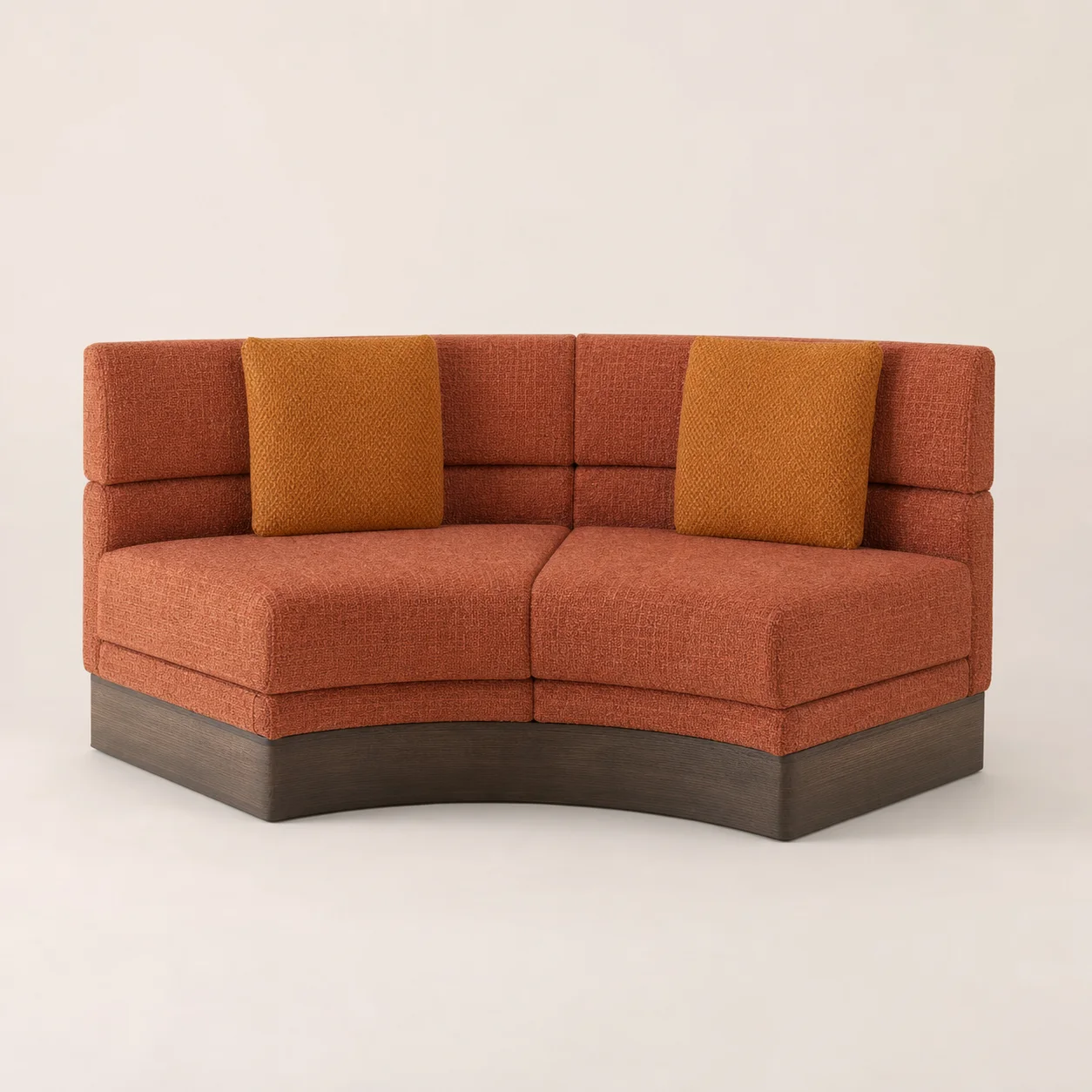 Barqan Banquette studio concept visual in saffron and clay upholstery, dark-oak plinth