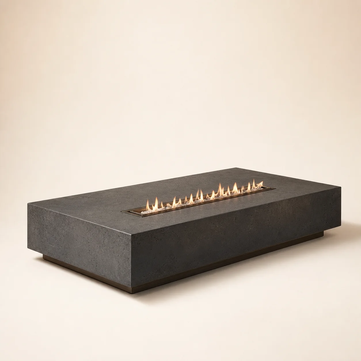 Hajar Fire Table studio concept visual in charcoal stone texture, bronze controls