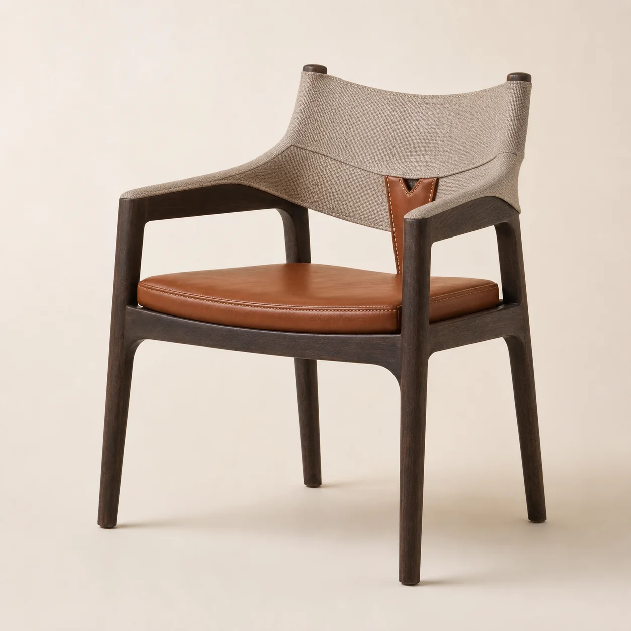 Khayma Dining Chair studio concept visual in smoked oak, sand weave, cognac leather