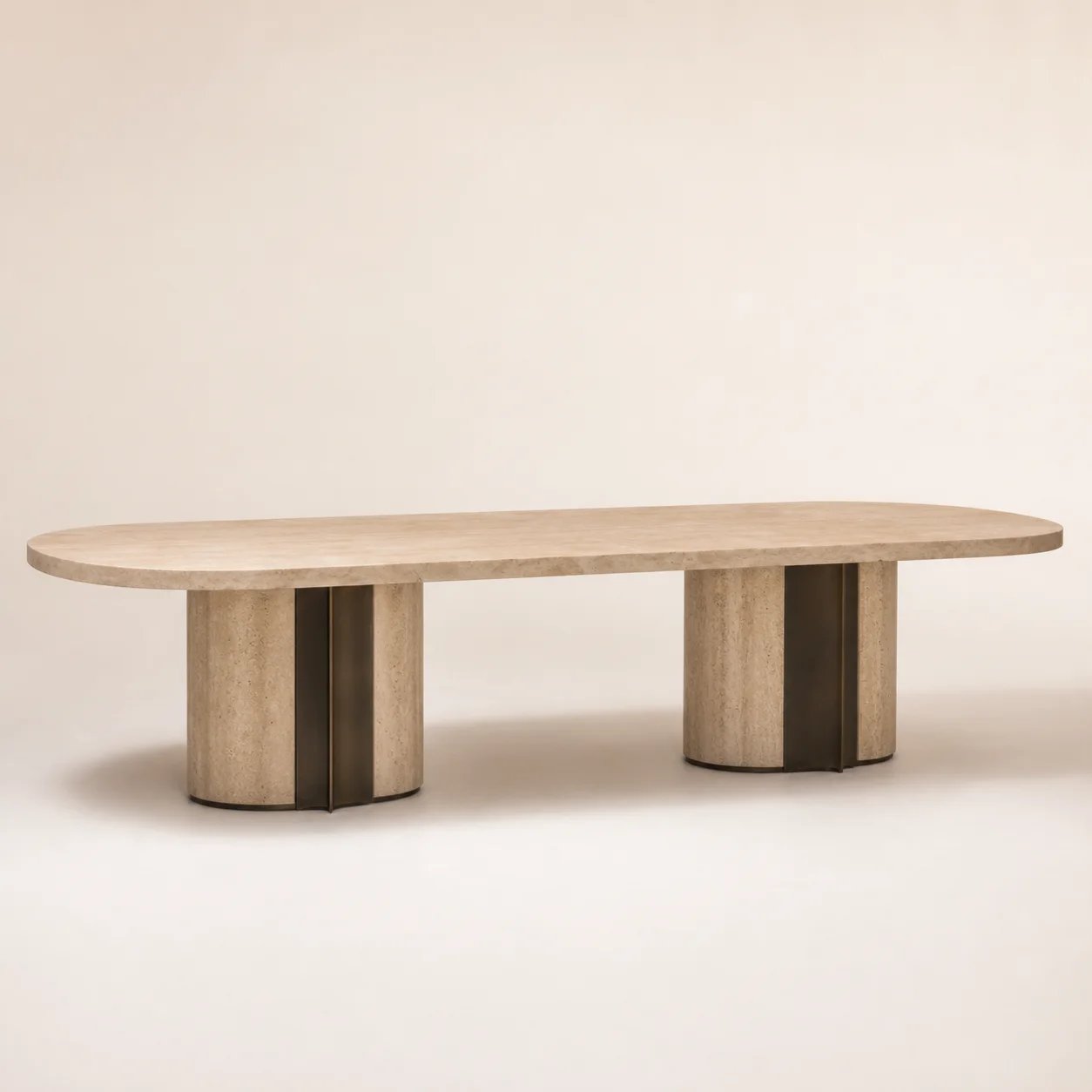 Oasis Dining Table studio concept visual in warm limestone, bronze reveal