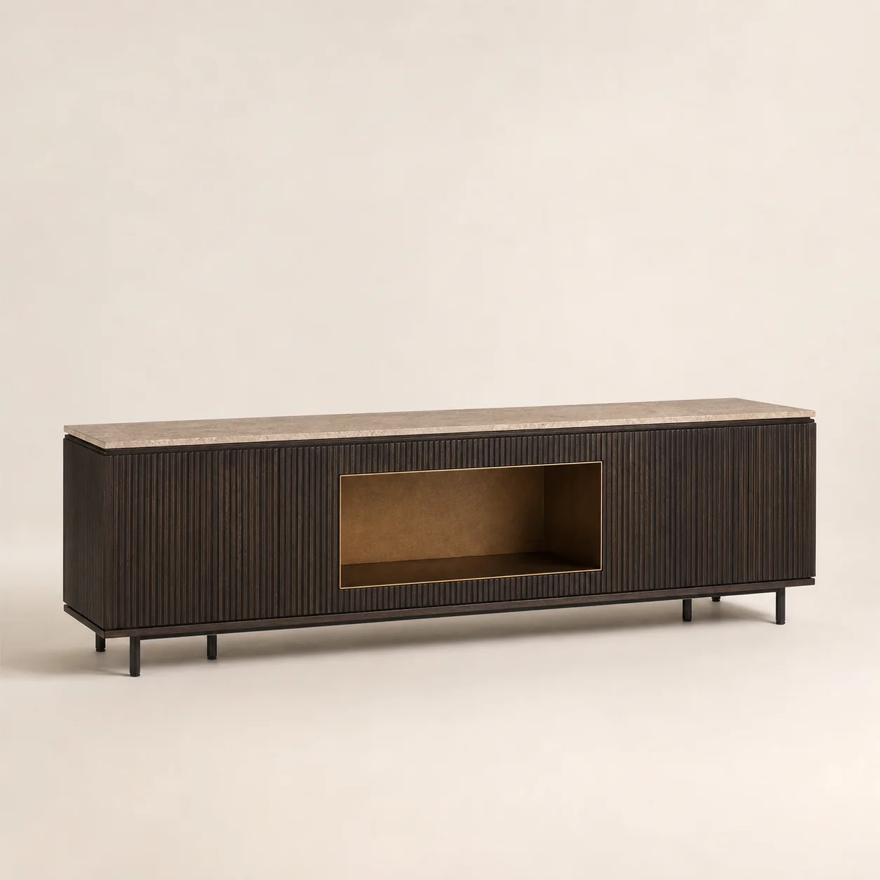 Rimal Media Console studio concept visual in smoked oak, aged bronze, limestone