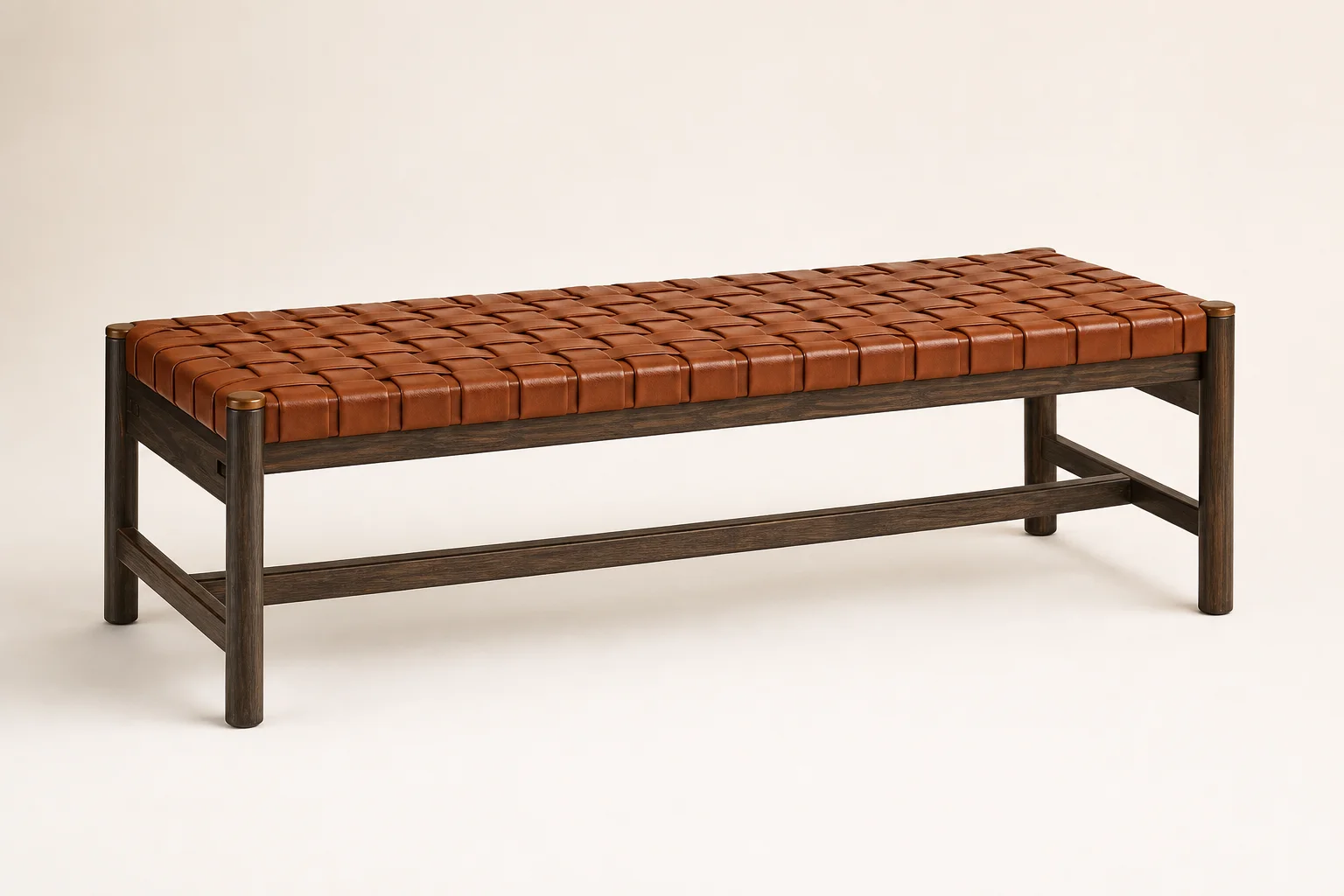 Sadu Valet Bench studio concept visual in smoked oak, saddle leather, aged bronze