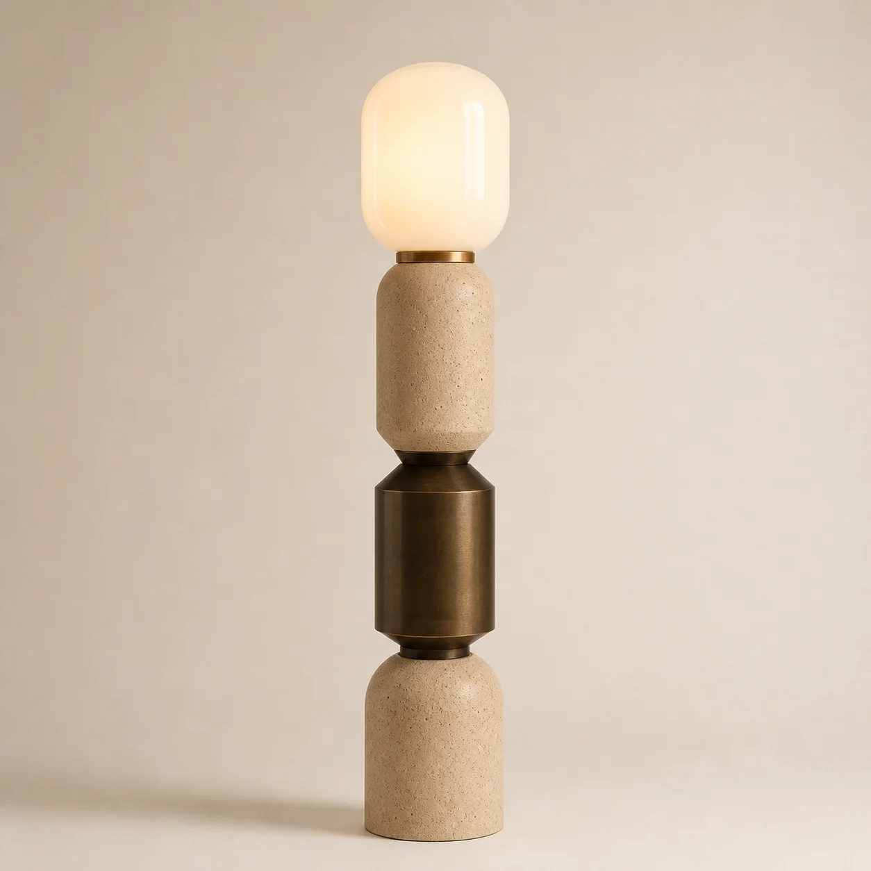 Sahra Totem Floor Lamp studio concept visual in warm stone, aged bronze, opal light