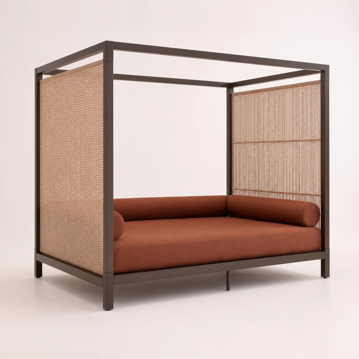 Shamal Courtyard Daybed studio concept visual in bronze frame, sand weave, clay outdoor textile