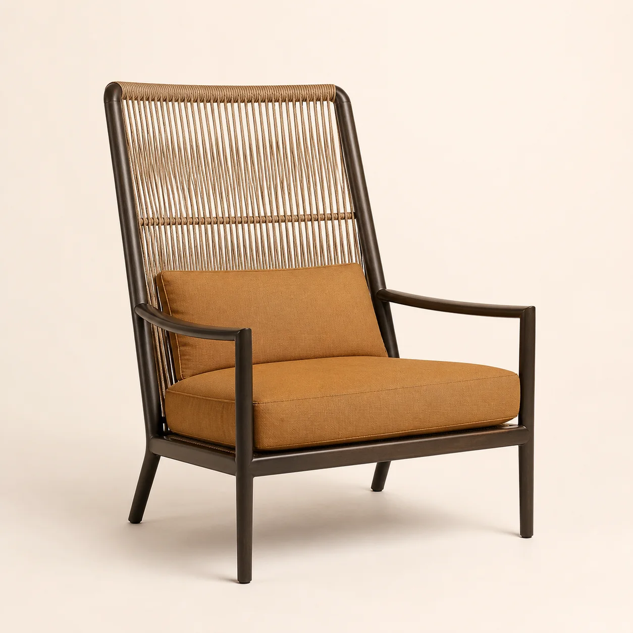 Talaa Courtyard Chair studio concept visual in dark bronze, natural rope, ochre textile